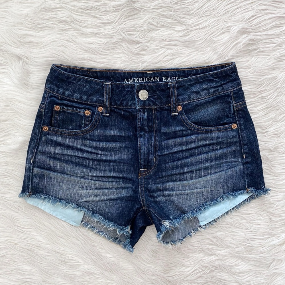 American Eagle Dark Wash Raw Hem High Waisted Hi-Rise Festival Jean Shorts